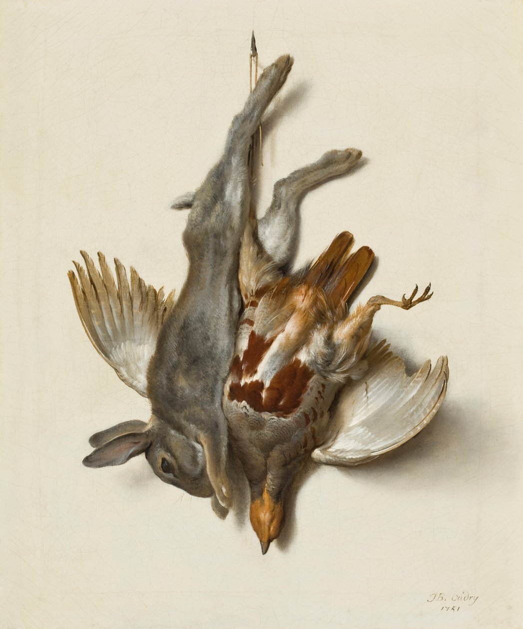 Um jovem coelho e perdiz pendurada pelos pés, 1751 de Jean Baptiste Oudry