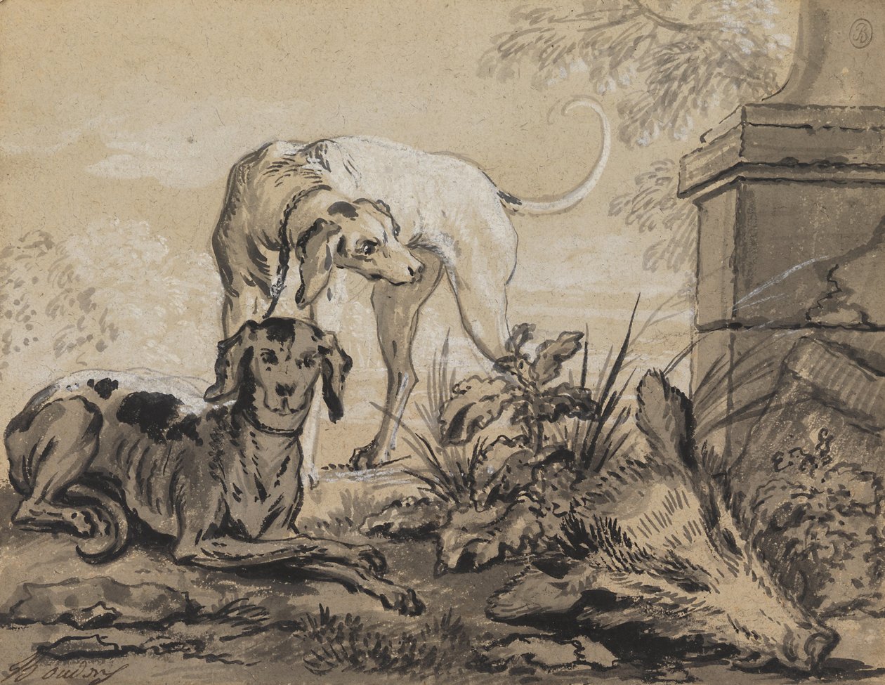 Após a caça - dois cães ao lado de uma cabeça de javali de Jean Baptiste Oudry