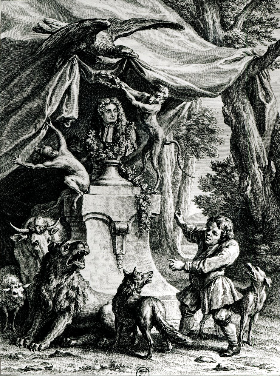 Retrato alegórico de Jean de La Fontaine (1621-95) cercado por animais de suas fábulas de Jean Baptiste Oudry