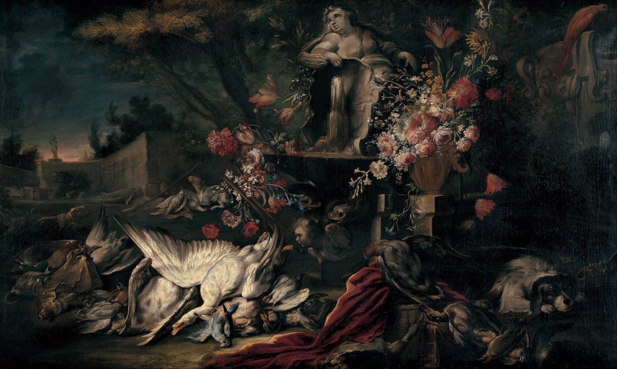 Natureza da morte com equipamento de tiro e flores de Jean Baptiste Oudry