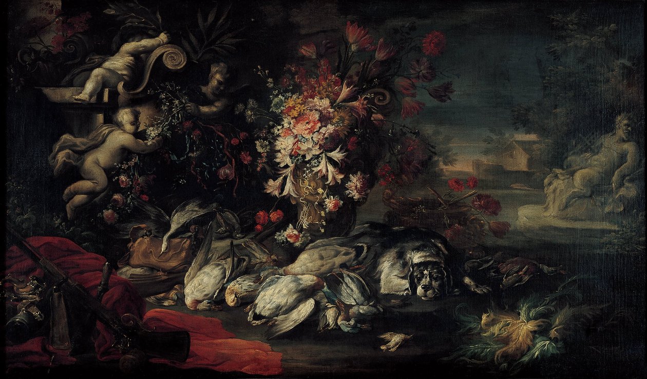 Natureza da morte com equipamento de tiro e flores II de Jean Baptiste Oudry