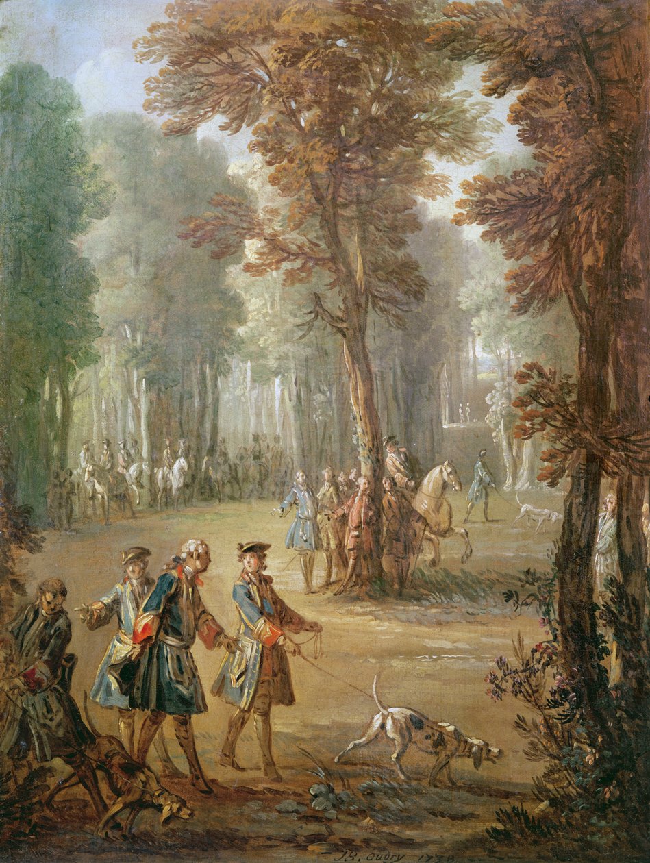 Luís XV (1710-74) e seu Bloodhound em Puys, cartum de tapeçaria, 1738 (ver também 3328) de Jean Baptiste Oudry