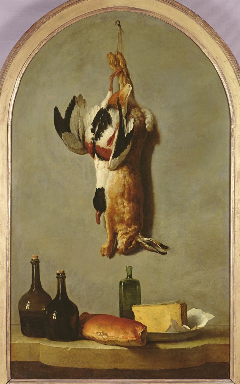 Ainda vida (lebre, pato, garrafas, pão e queijo), 1742 de Jean Baptiste Oudry