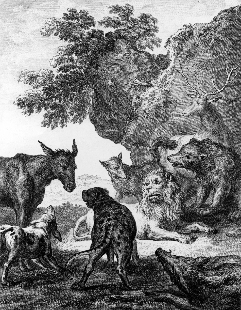 Os animais caídos doentes com a peste, ilustração para as fábulas de La Fontaine, 1755 de Jean Baptiste Oudry