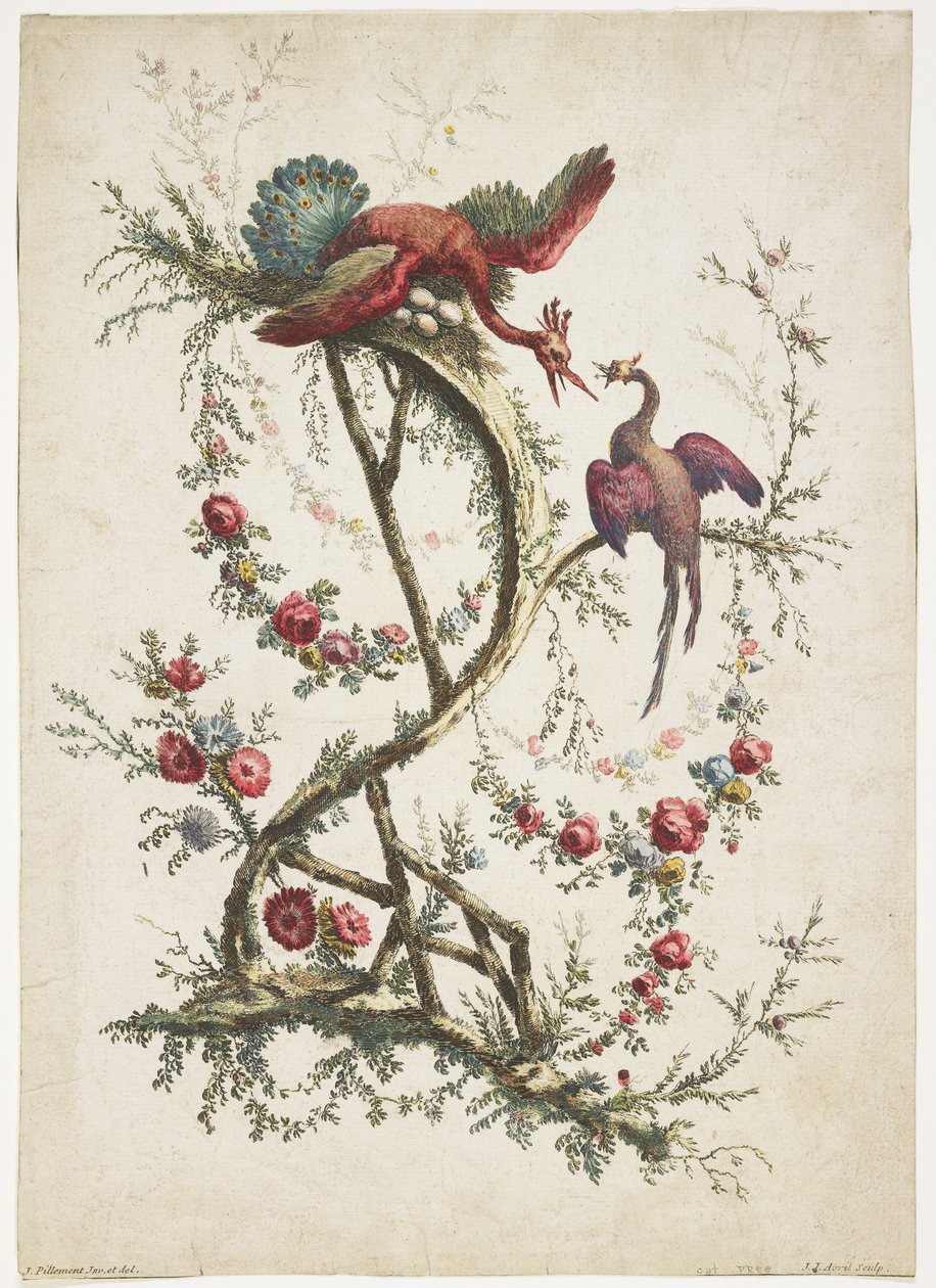 Ornamento Chinoiserie. Flores e Pássaros, 1770 de Jean Baptiste Pillement