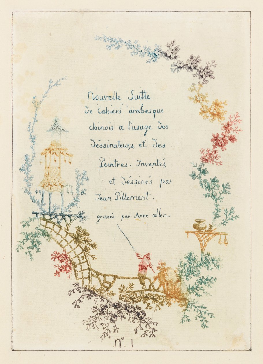 Página de rosto, placa 1 do novo conjunto de cadernos de arabescos chineses para uso de desenhistas e ... de Jean Baptiste Pillement