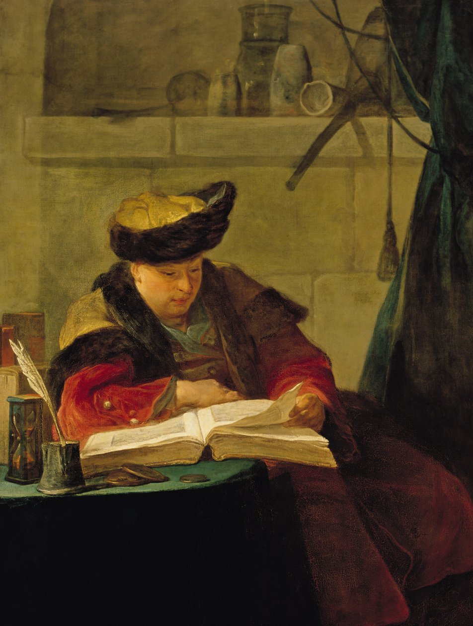 Um Químico em seu Laboratório, ou O Prompter, ou Um Filósofo dando uma Palestra (Retrato do pintor José Aved (1702-66), 1734 de Jean Baptiste Simeon Chardin