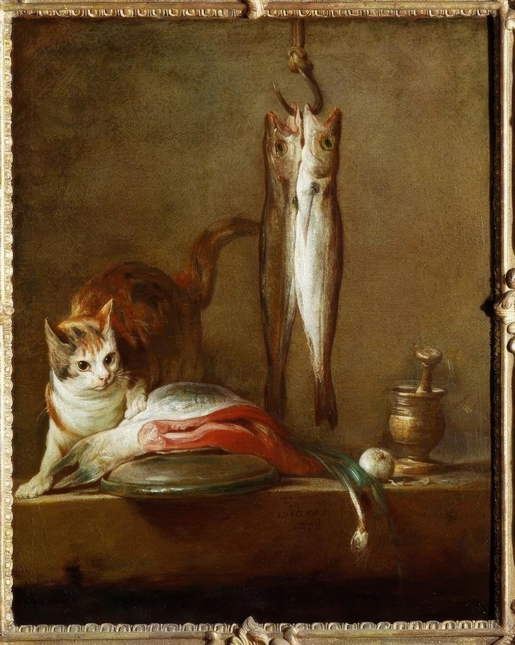 Gato com fatia de salmão, dois cavala, argamassa e pi de Jean Baptiste Simeon Chardin