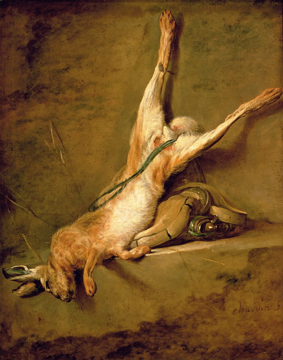 Lebre morta com chifre de pó e gamebag, c.1726-30 de Jean Baptiste Simeon Chardin