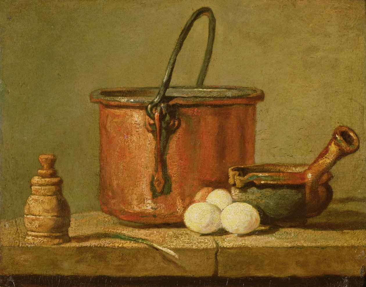 Ainda vida de utensílios de cozinha, caldeirão, frigideira e ovos de Jean Baptiste Simeon Chardin