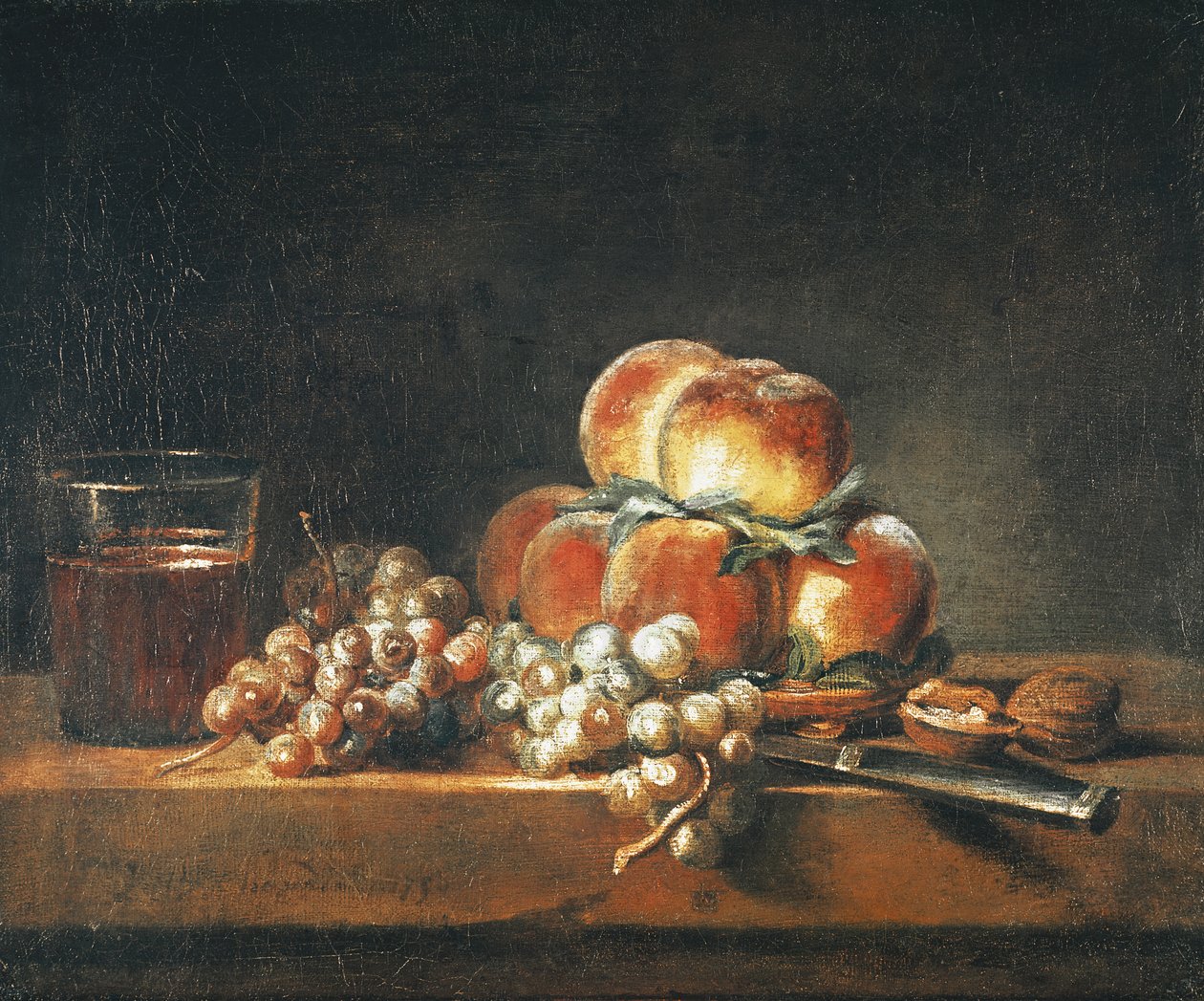 Ainda vida de pêssegos, nozes, uvas e um copo de vinho, 1758 de Jean Baptiste Simeon Chardin