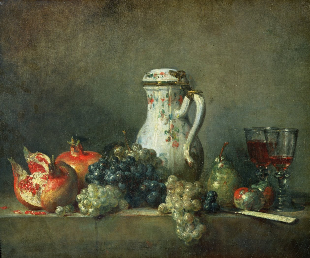 Ainda vida com uvas e romãs, 1763 de Jean Baptiste Simeon Chardin