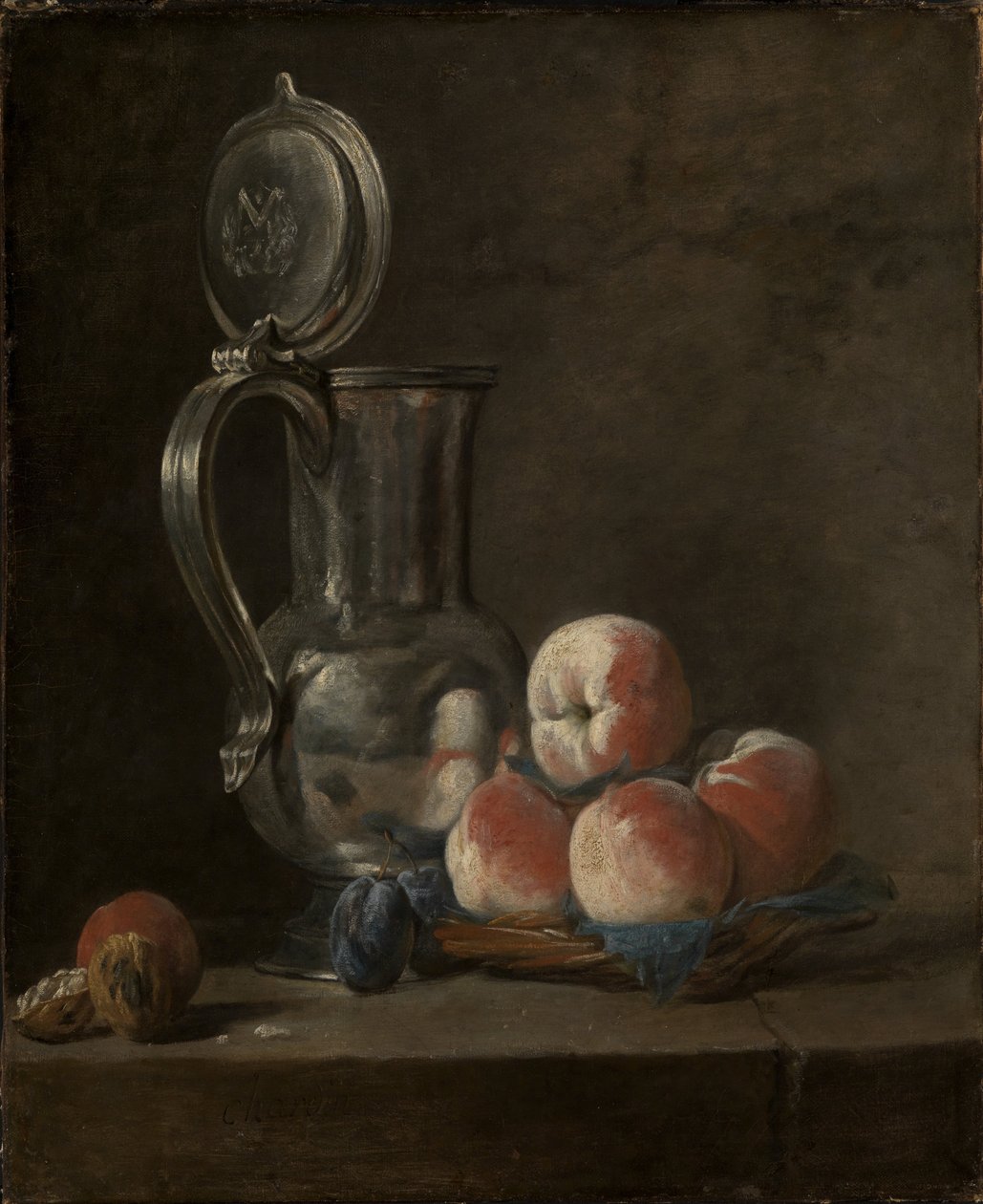 Ainda vida com jarro de estanho e pêssegos de Jean Baptiste Simeon Chardin