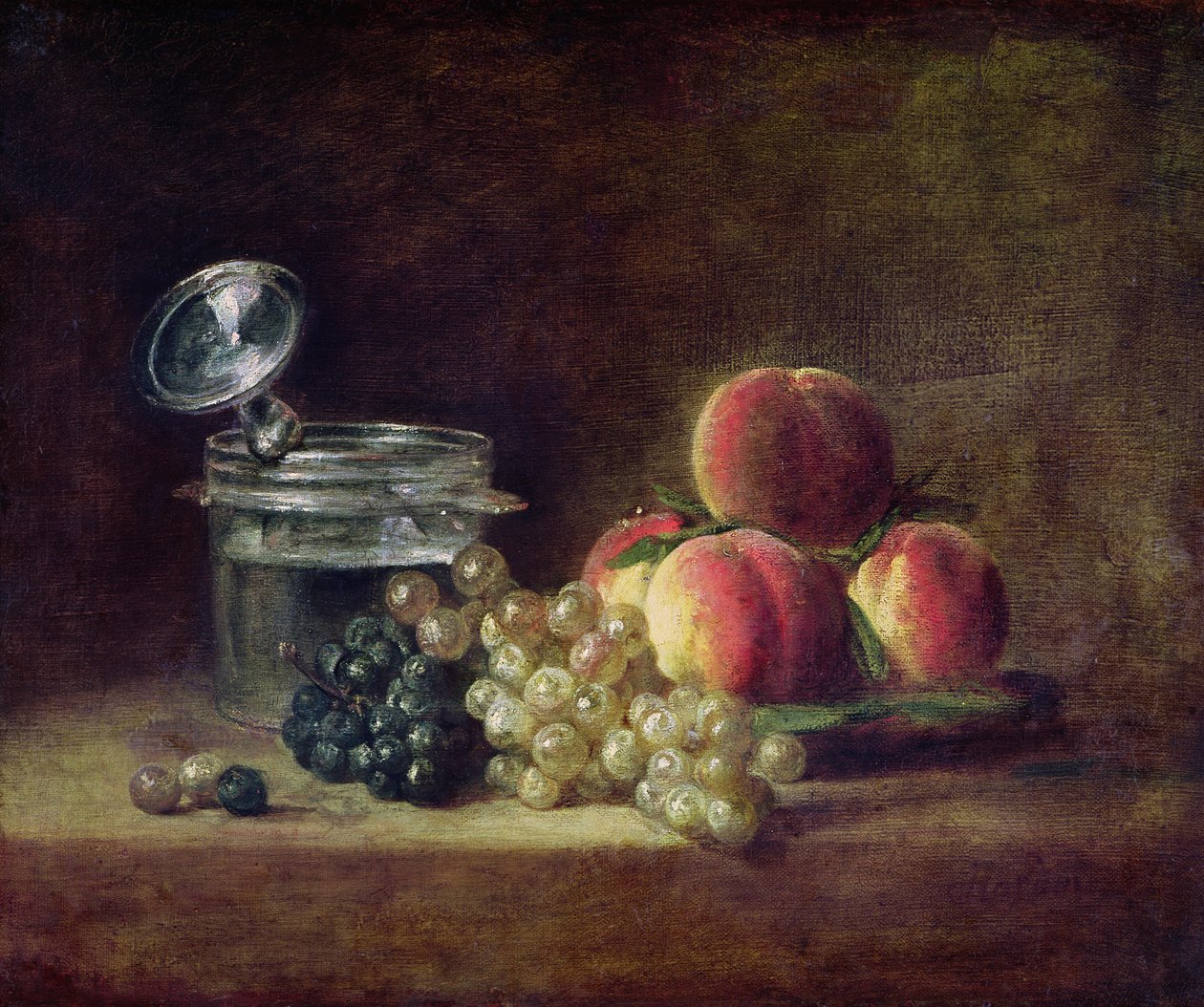 Ainda vida com uma cesta de pêssegos, uvas brancas e pretas com refrigerador e copo de vinho, c.1759 de Jean Baptiste Simeon Chardin