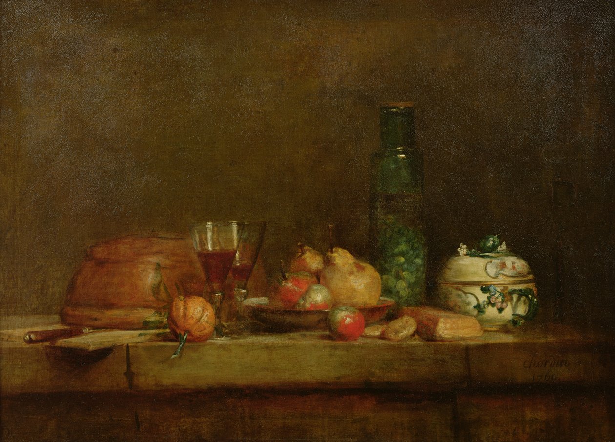 Ainda vida com uma garrafa de azeitonas, 1760 de Jean Baptiste Simeon Chardin