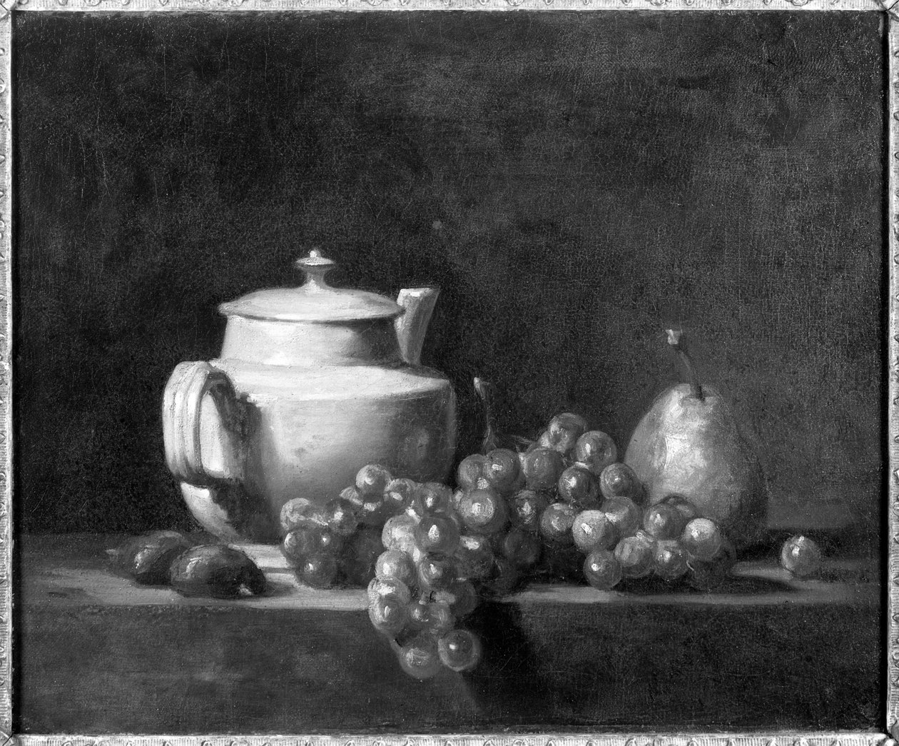Bule branco com duas castanhas, uvas brancas e uma pêra de Jean Baptiste Simeon Chardin