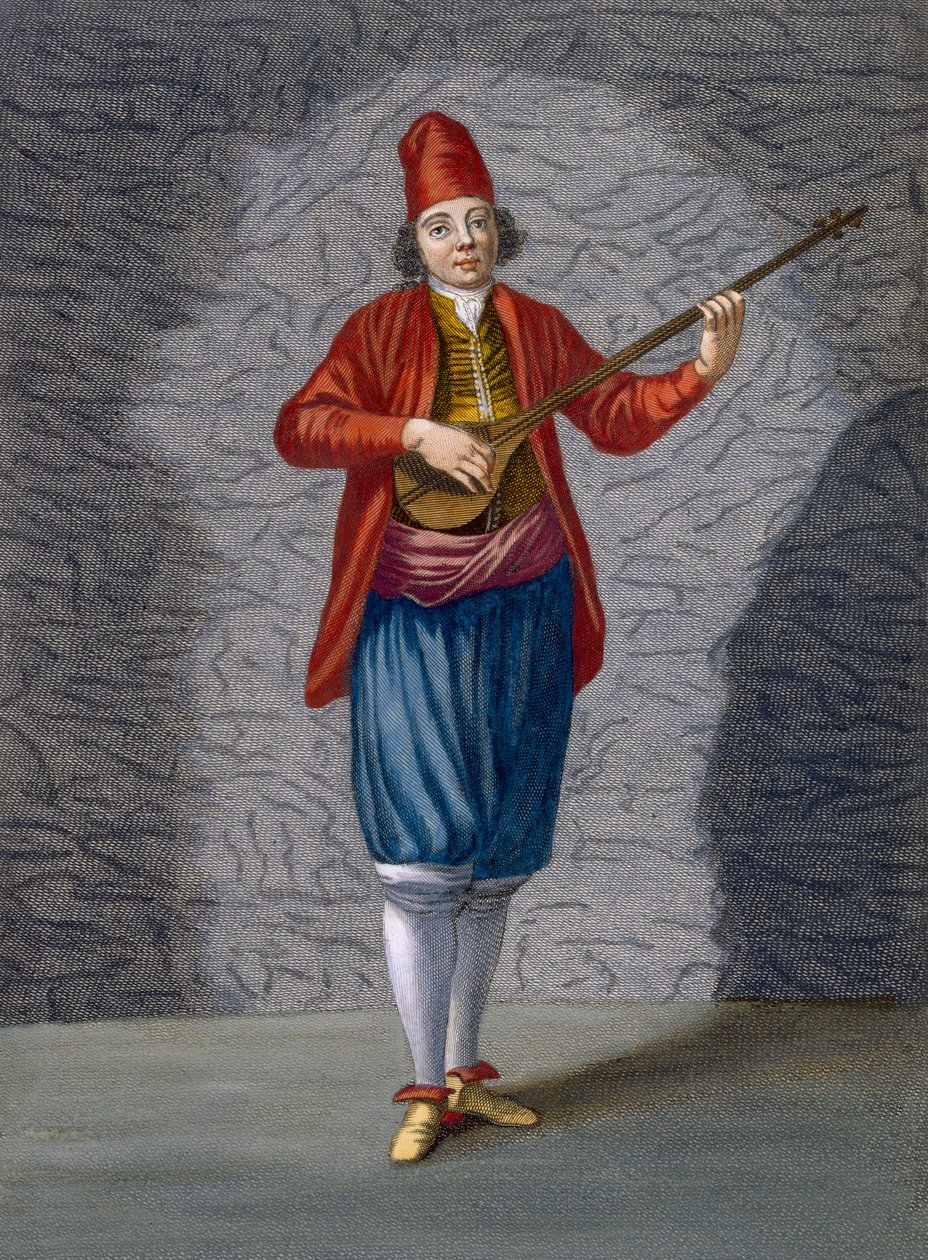Músico das Ilhas Gregas, prato 70, de "Coleção de Cem Gravuras que Representam as Diferentes Nações do Levante", de Charles de Ferriol, obra de Gerard Scotin (1671-1716), 1707-08 ( de Jean Baptiste Vanmour