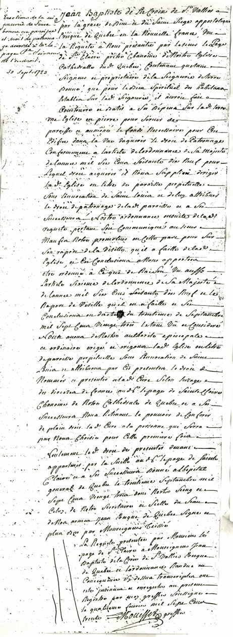 Decreto da paróquia de Saint-Louis-de-France de Terrebonne de Jean Baptiste de La Croix