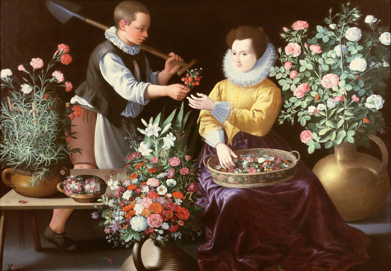 &39;Uma alegoria da primavera&39; ou &39;Uma cena de mercado com um garoto oferecendo morangos para menina sentada e cercada por flores&39; de Jean Baptiste de Saive