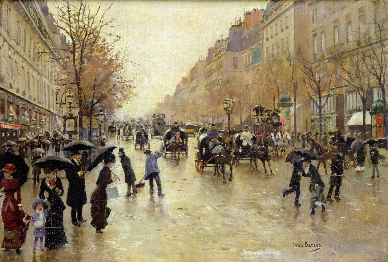 Boulevard Poissonniere na chuva, c.1885 de Jean Beraud