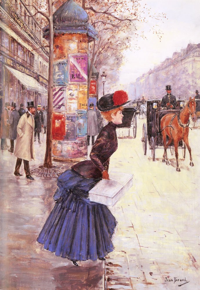 Mulher jovem, cruzamento, a, bulevar de Jean Beraud