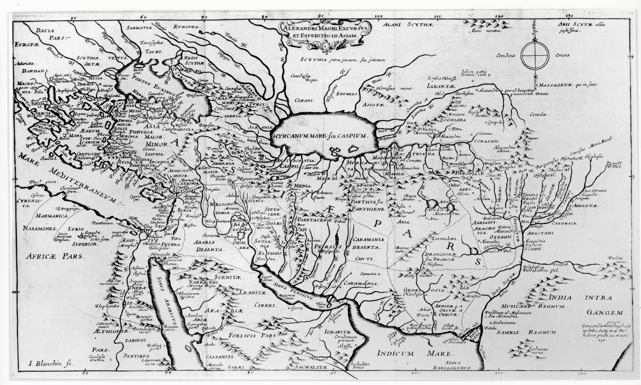 Mapa das Viagens e Expedições de Alexandre, o Grande (356-323 aC) na Ásia de Jean Blanchin