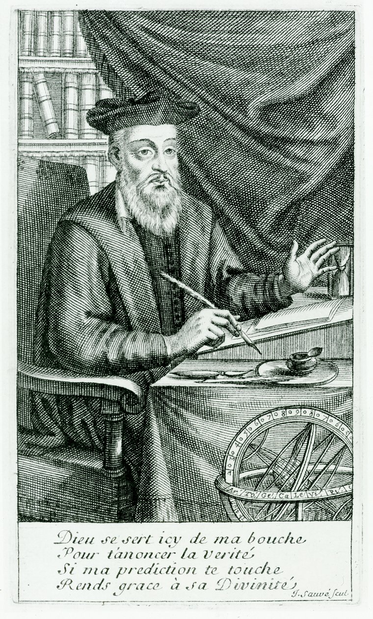 Michel de Nostredame (Nostradamus) (1503-66) Escrevendo suas profecias, gravadas por Jean Sauve (fl.1660-91) de Jean Boulanger