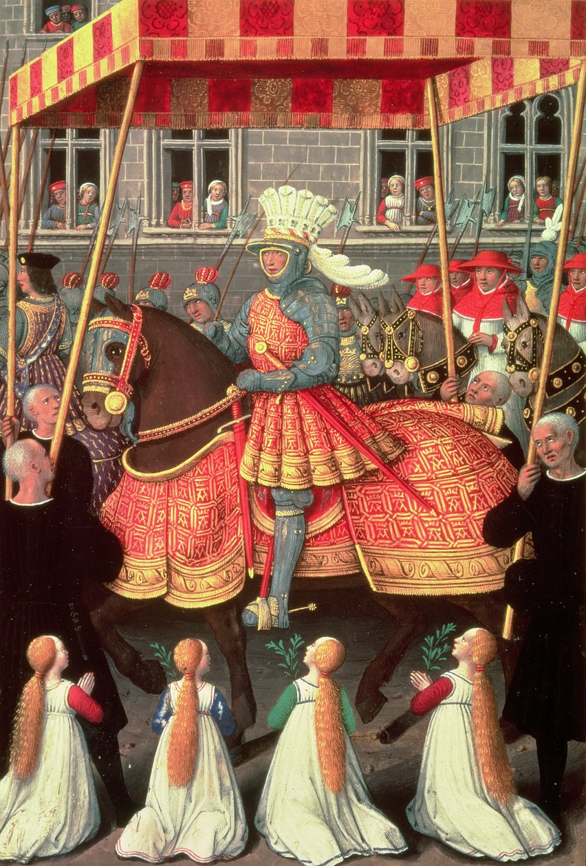 Luís XII (1462-1515) entrando em Gênova sob um dossel, seguido por quatro cardeais, das "Horas de Ana da Bretanha", 1515-20 de Jean Bourdichon