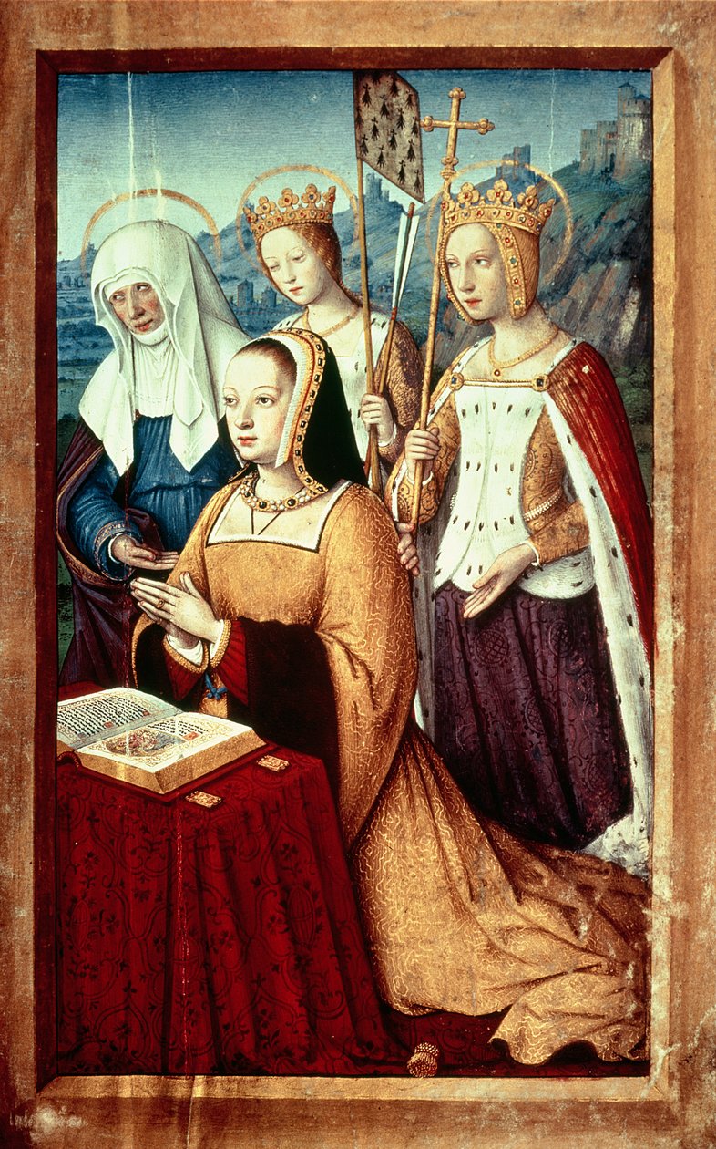 Ms lat 9474 f.3v Ana da Bretanha com Santa Ana, Santa Úrsula e Santa Helena, miniatura das Grandes Heures de Ana da Bretanha, c.1503-8 de Jean Bourdichon