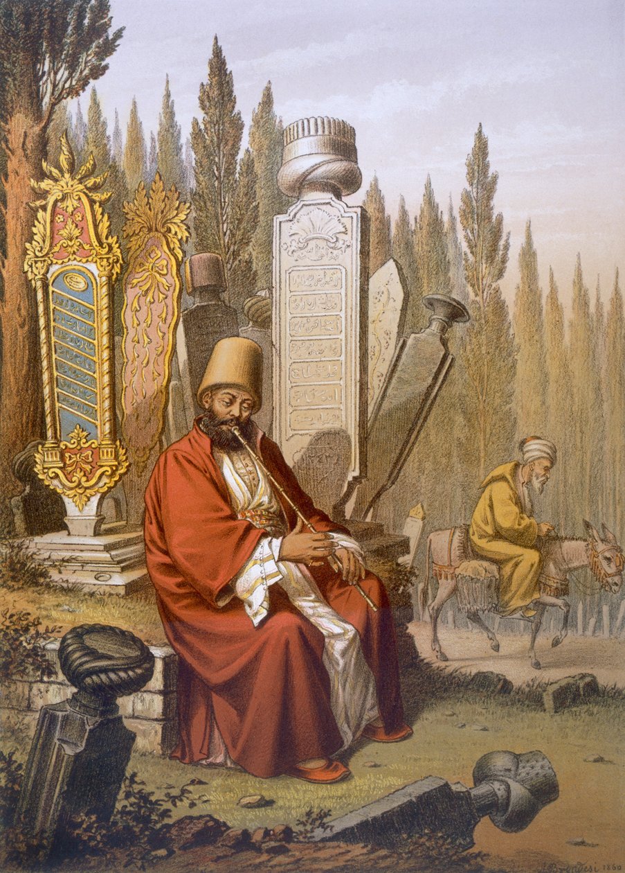 O sufi, jogando o ney, senta-se em um cemitério turco entre as lajes gravadas inscritas, ilustração de "Souvenirs de Constantinople", bar. Paris, c.1855 de Jean Brindesi