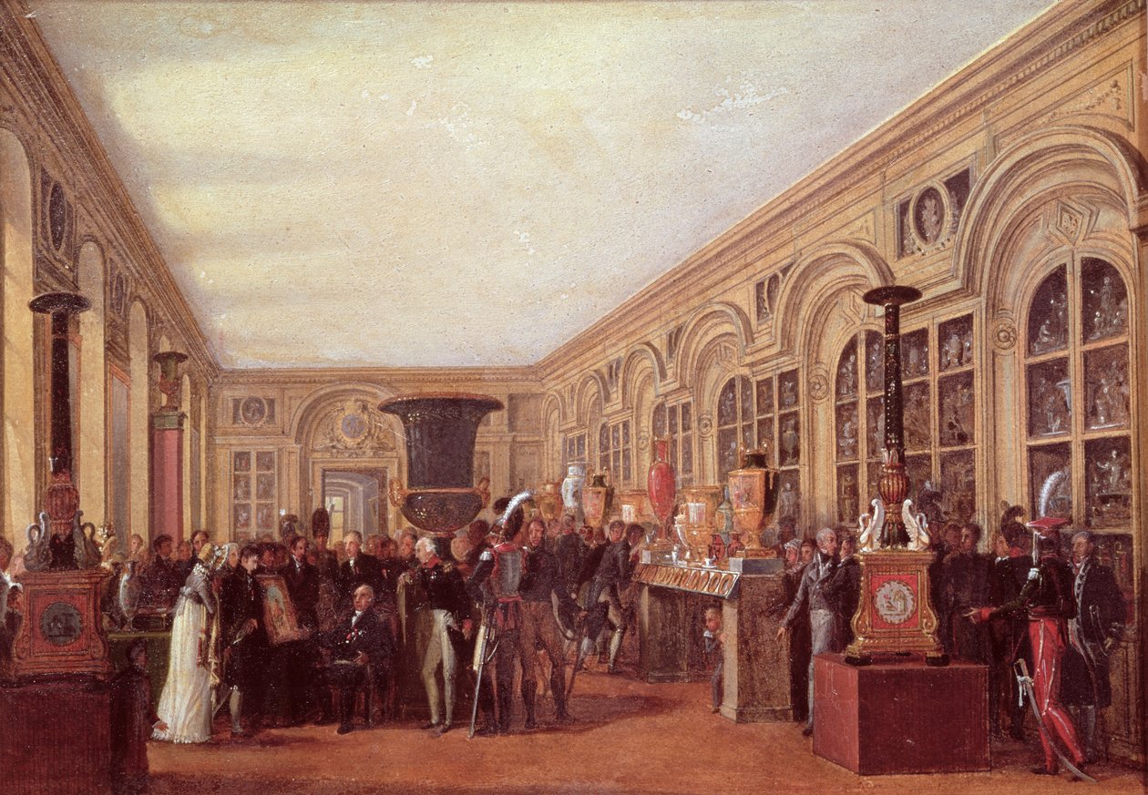 Alexandre Brongniart (1770-1847) Apresentando a Oficina dos Artistas de Sevres a Luís XVIII (1755-1824) (óleo sobre papel) de Jean Charles Develly