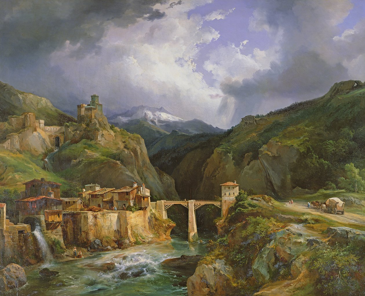 Aldeia e Ponte de Crevola na estrada de Simplon para Domodossola, 1832 de Jean Charles Joseph Rémond
