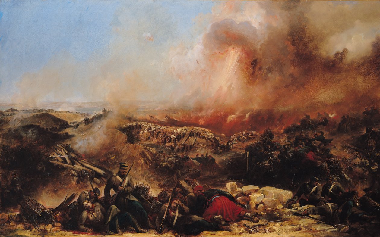 A Batalha de Sebastopol, parte esquerda do tríptico, depois de 1855 (ver também 70336 e 70337) de Jean Charles Langlois