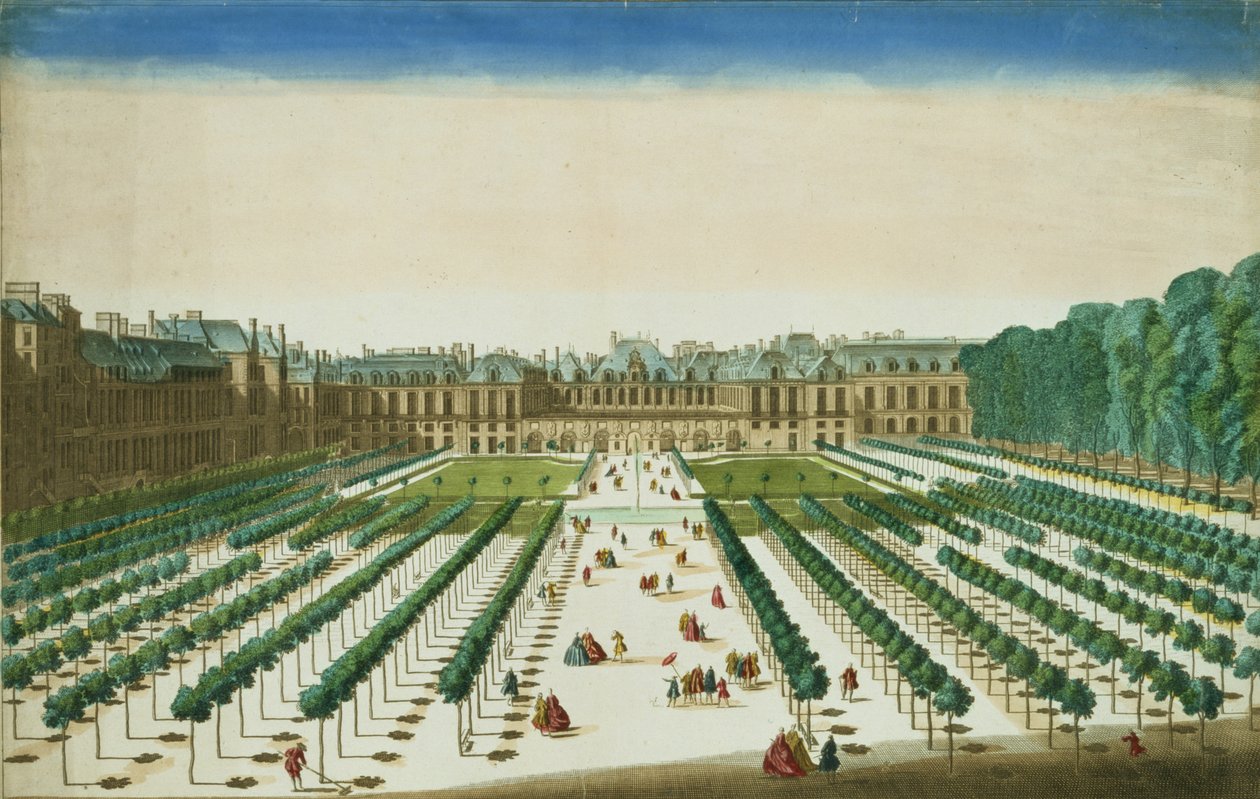 Vista e perspectiva do Palais Royal do lado do jardim, gravado por Antoine Aveline (1691-1743) de Jean Chaufourier