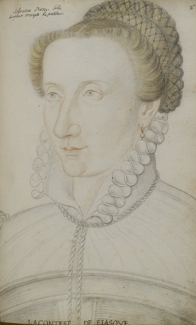 Alphonsine Strozzi (costas, giz vermelho e amarelo no papel) de Jean Clouet