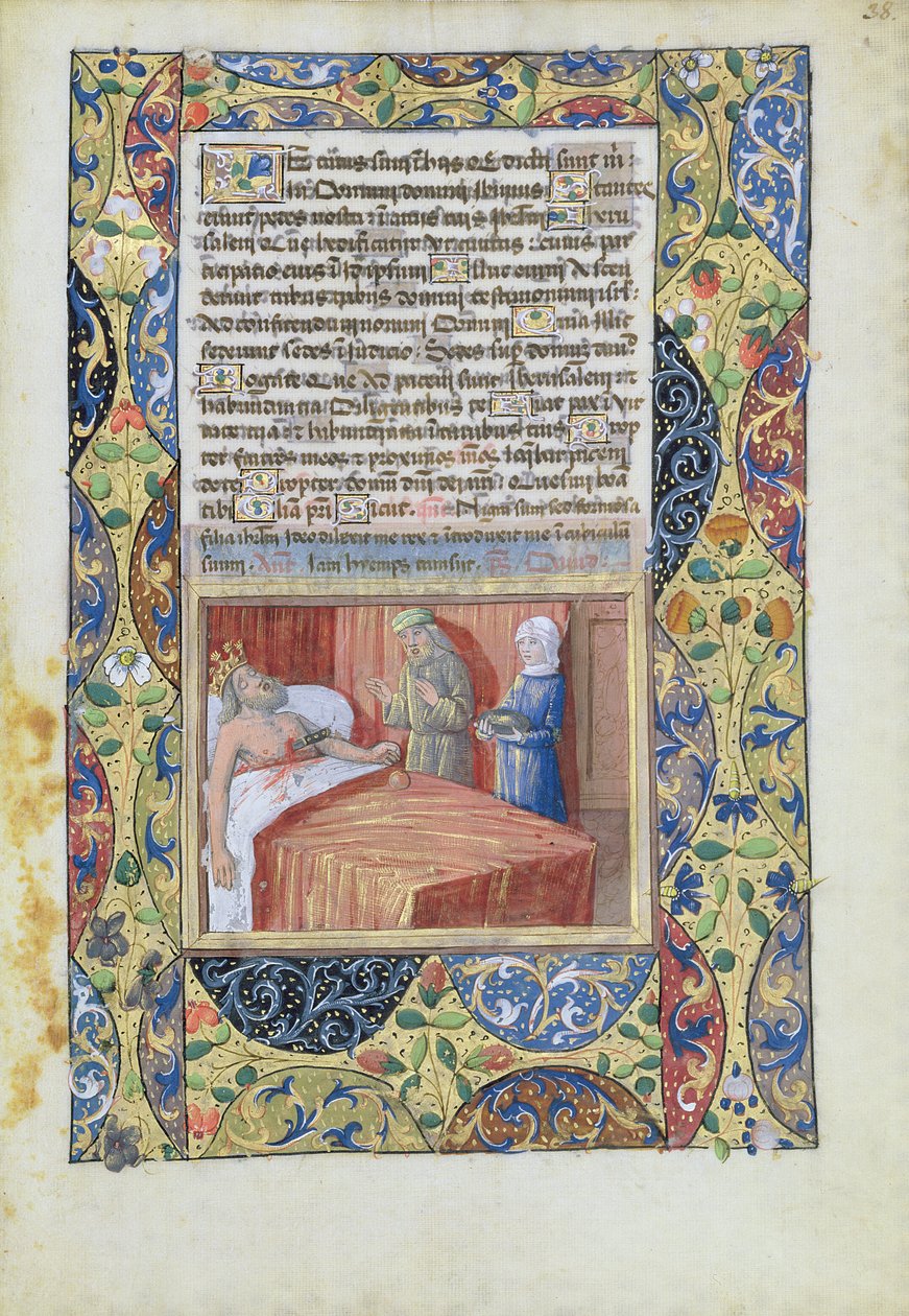 Senhora Lat. QvI126 f.38 O rei com uma faca mergulhou em seu coração, do "Livro de Horas de Louis d&39;Orleans", 1490 de Jean Colombe