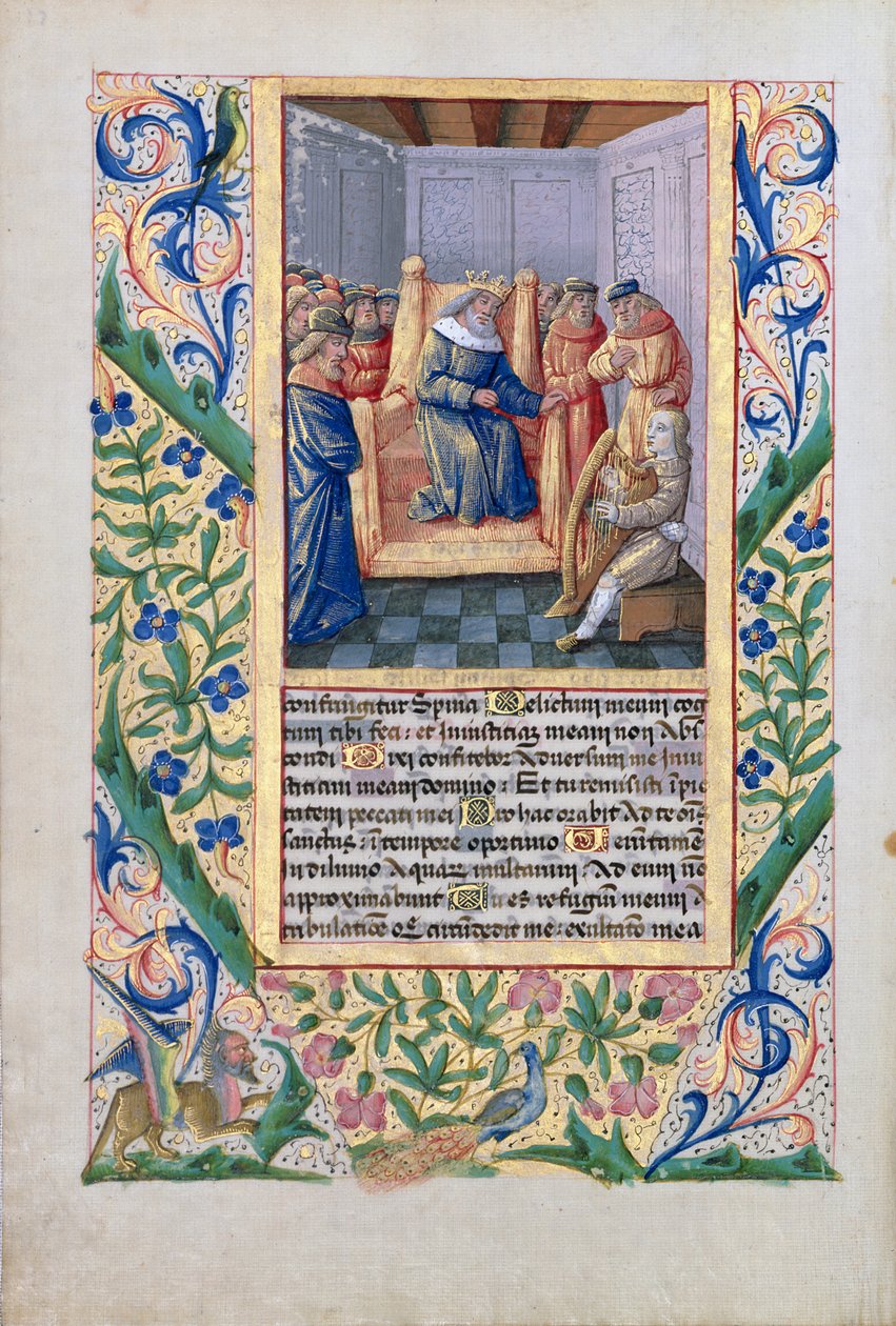 Senhora Lat. QvI126 f.54v Saul ouvindo David tocar harpa, do "Livro das Horas de Louis d&39;Orleans", 1469 de Jean Colombe