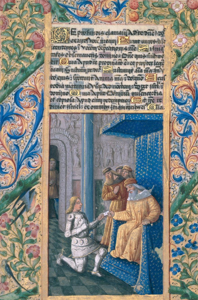Senhora Lat. Qv126 f.58v Davi mandou Urias para a morte, do "Livro de Horas de Luís d&39;Orléans", 1469 de Jean Colombe