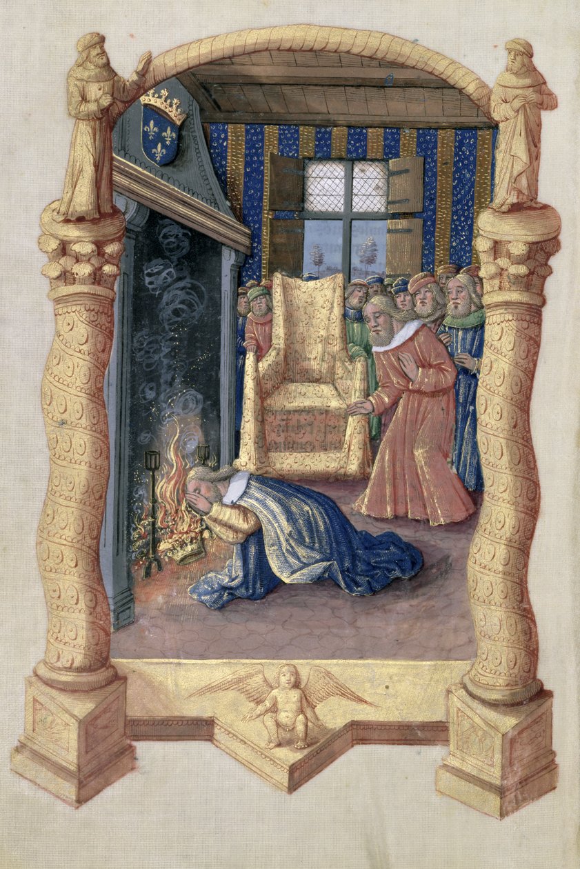 Senhora Lat. Qv126 f.66v David lamentando a morte de seu filho Absalão, do "Livro de Horas de Louis d&39;Orleans", 1469 de Jean Colombe