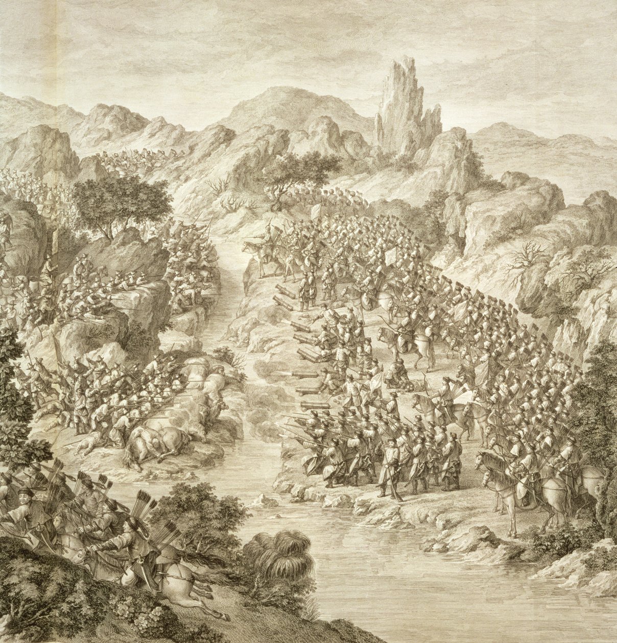 A Primeira Batalha entre o Exército Chinês e a dos Eleuths em 1759, detalhe da luta através do rio, placa 10 de uma série de gravuras representando as conquistas de Qianlong, o Imperador de de Jean Damascene
