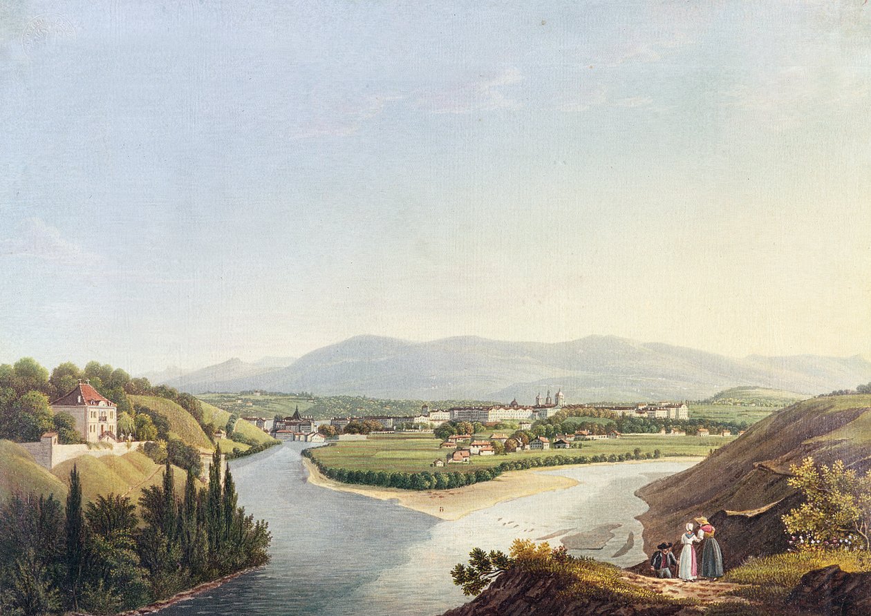 Vista de Genebra da Confluência do Rhone e do Arve, gravada por Friedrich Salathe (1793-1860) de Jean Dubois