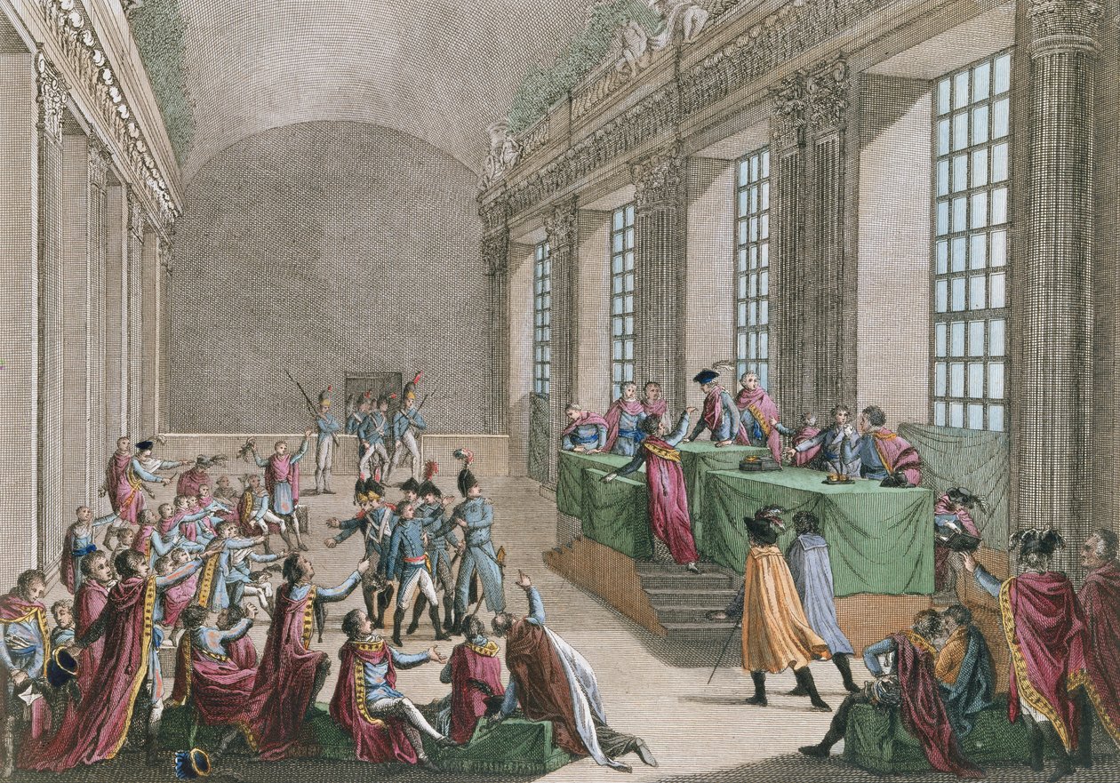 Golpe de Estado de 18 Brumário, 10 de novembro de 1799, gravado por Reinier Vinkeles (1741-1816) e Daniel Vrydag (1765-1822) de Jean Duplessi Bertaux