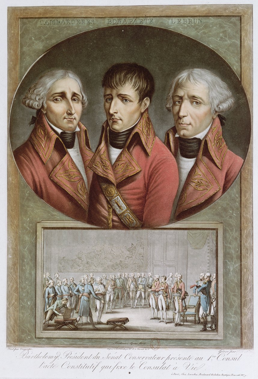 Retrato dos Três Cônsules da República e Barthélemy Apresentando o Ato Consitucional Proclamando Napoleão I como Imperador da Vida ao Primeiro Cônsul, em 2 de agosto de 1802, gravado por Charles Fra de Jean Duplessi Bertaux
