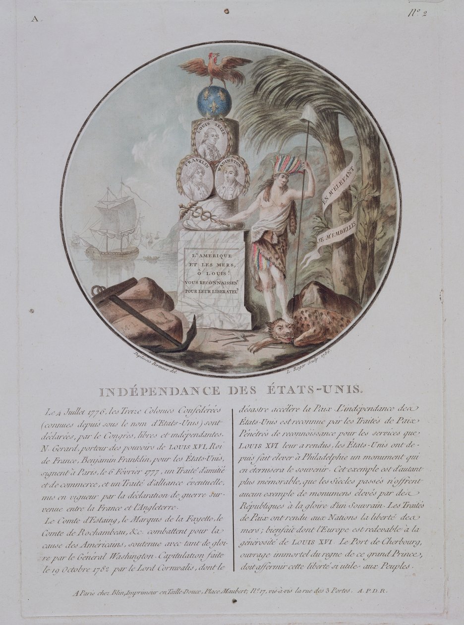 Independência dos Estados Unidos, gravada por L. Roger, 1786 (lito colorido) de Jean Duplessis Bertaux