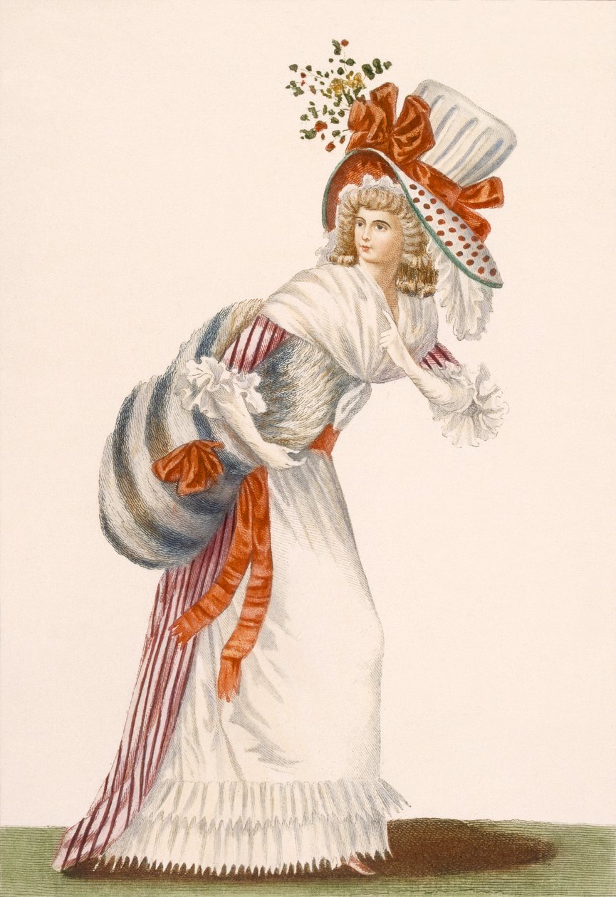 Senhoras de vestido de dia marcante, placa de &39;Galeries des Modes et Costumes Français&39;, c.1778-87 99: vestuário; vestido tradicional; traje tradicional; moda; ilustração; c18th; fashi de Jean Florent Defraine