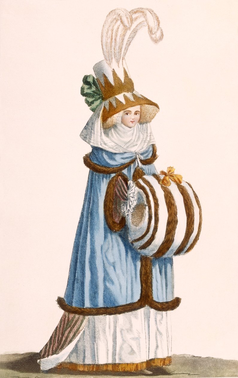 Vestido inglês, chapéu em Theadore, placa de &39;Galerias de moda e trajes franceses&39;, c.1778-87 99: vestuário; vestido tradicional; traje tradicional; moda; illustratio de Jean Florent Defraine
