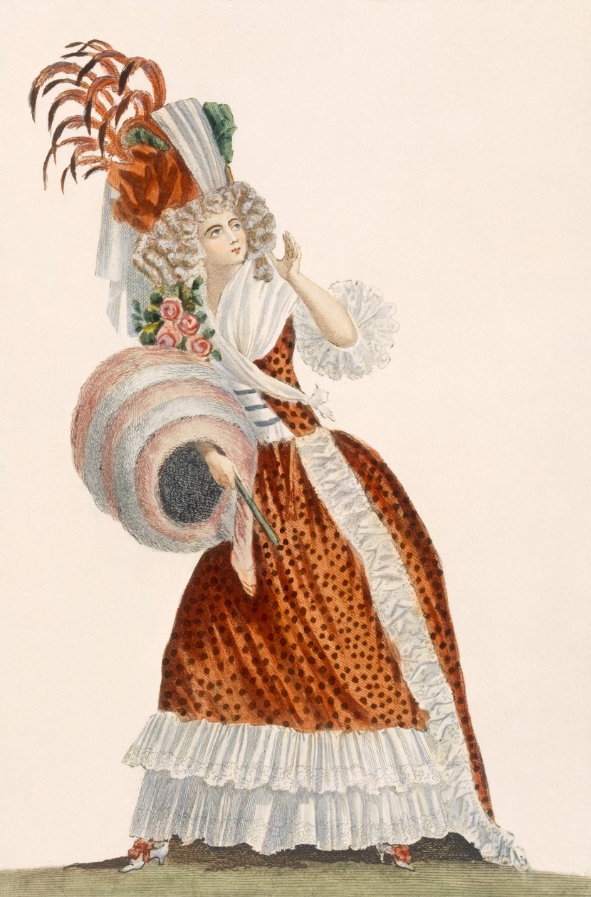 Tres Grande Parue, prato de &39;Galeries des Modes et Costumes Francais&39;, c.1778-87 99: vestuário; vestido tradicional; traje tradicional; moda; ilustração; c18th; elegante; de Jean Florent Defraine