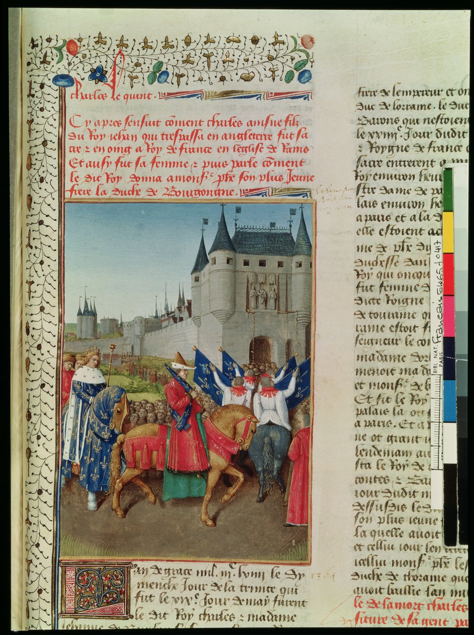Ms 6465 f.417 A chegada de Carlos V (1337-1880) em Paris, 28 de maio de 1364, c.1460 de Jean Fouquet