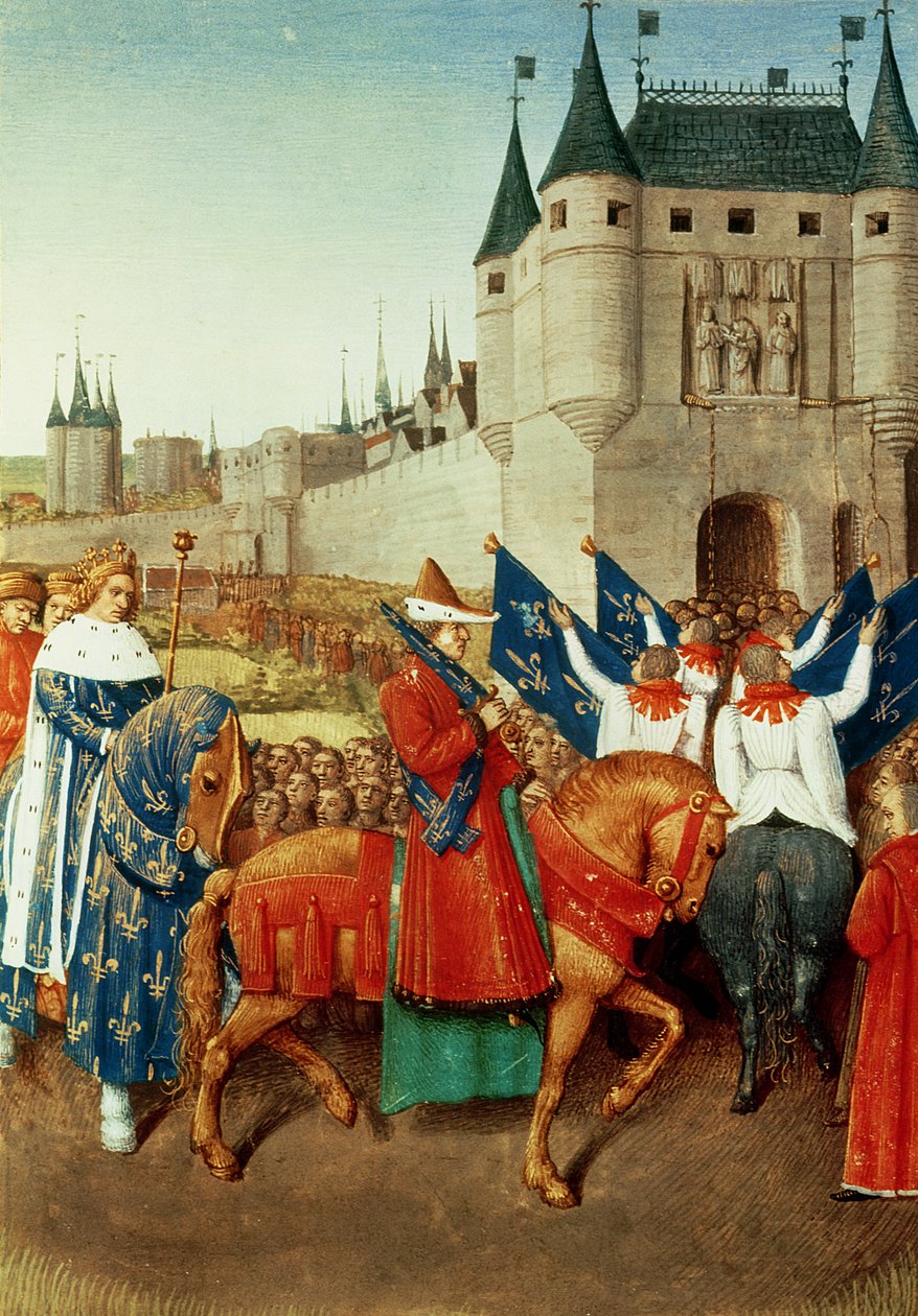 Ms 6465 f.417 A chegada de Carlos V (1337-1880) em Paris, 28 de maio de 1364, c.1460 de Jean Fouquet