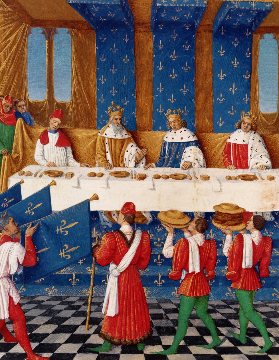 Ms 6465 fol.444v Banquete dado por Charles V (1338-80) em honra de seu tio imperador Carlos IV (1316-78) em 1378, das Grandes Chroniques de France de Jean Fouquet